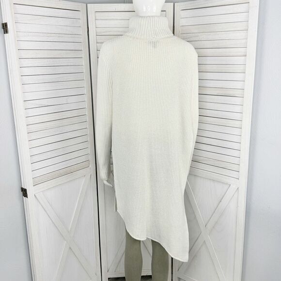 Express Ribbed Asymmetrical Hem Split Side Long Sweater Cream Large Turtle Neck - Picture 5 of 14